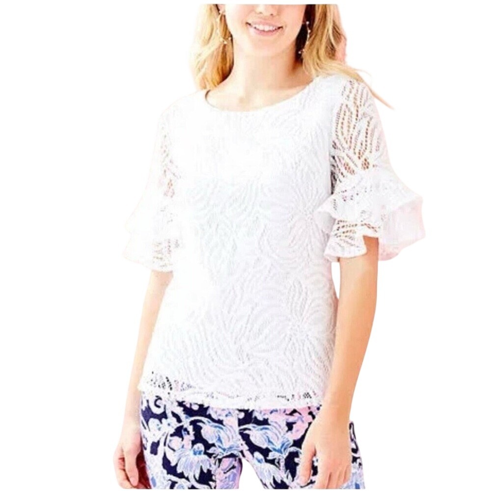 Lilly Pulitzer White Lace Swirl Ruffle Bell Sleeve Blouse Top XS EUC RN88189